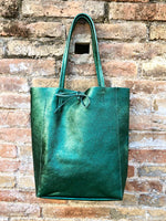 Tote leather bag in metallic green. GENUINE leather shopper. Large carry all bag for your laptop, books. Dark green large leather purse