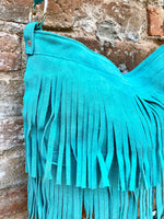 Cross body fringe bag. BOHO suede leather bag in turquoise with FRINGES. Larger model. genuine suede crossbody hippy bag. Blue fringed bag