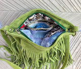 Cross body fringe bag. BOHO suede leather bag in bright GREEN with FRINGES. Larger style. Genuine suede crossbody hippy bag.Green suede bag