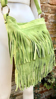 Cross body fringe bag. BOHO suede leather bag in bright GREEN with FRINGES. Larger style. Genuine suede crossbody hippy bag.Green suede bag