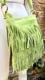 Cross body fringe bag. BOHO suede leather bag in bright GREEN with FRINGES. Larger style. Genuine suede crossbody hippy bag.Green suede bag