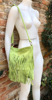 Cross body fringe bag. BOHO suede leather bag in bright GREEN with FRINGES. Larger style. Genuine suede crossbody hippy bag.Green suede bag