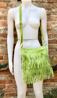 Cross body fringe bag. BOHO suede leather bag in bright GREEN with FRINGES. Larger style. Genuine suede crossbody hippy bag.Green suede bag