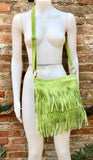 Cross body fringe bag. BOHO suede leather bag in bright GREEN with FRINGES. Larger style. Genuine suede crossbody hippy bag.Green suede bag