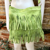 Cross body fringe bag. BOHO suede leather bag in bright GREEN with FRINGES. Larger style. Genuine suede crossbody hippy bag.Green suede bag