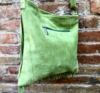 Cross body fringe bag. BOHO suede leather bag in bright GREEN with FRINGES. Larger style. Genuine suede crossbody hippy bag.Green suede bag