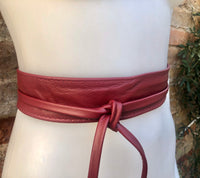 Burgundy obi belt in soft leather. Narrow style. Wine RED Wrap belt. Wraparound waist belt in genuine leather. Dark RED boho wide dress belt