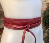 Burgundy obi belt in soft leather. Narrow style. Wine RED Wrap belt. Wraparound waist belt in genuine leather. Dark RED boho wide dress belt