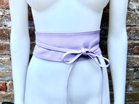 Light purple obi belt in soft genuine leather. LONGER option. Wrap belt in mauve. Wraparound waist belt in lavender genuine leather.