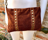 Crossbody bag. Camel BROWN boho suede leather purse with bronze color tacks Genuine suede leather messenger bag. Saddle brown crossbody bag