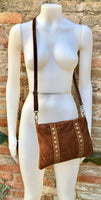 Crossbody bag. Camel BROWN boho suede leather purse with bronze color tacks Genuine suede leather messenger bag. Saddle brown crossbody bag