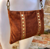 Crossbody bag. Camel BROWN boho suede leather purse with bronze color tacks Genuine suede leather messenger bag. Saddle brown crossbody bag