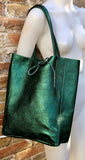 Tote leather bag in metallic green. GENUINE leather shopper. Large carry all bag for your laptop, books. Dark green large leather purse