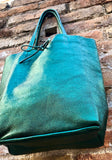 Tote leather bag in metallic green. GENUINE leather shopper. Large carry all bag for your laptop, books. Dark green large leather purse