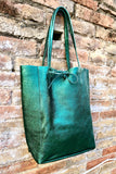 Tote leather bag in metallic green. GENUINE leather shopper. Large carry all bag for your laptop, books. Dark green large leather purse