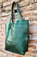 Tote leather bag in metallic green. GENUINE leather shopper. Large carry all bag for your laptop, books. Dark green large leather purse