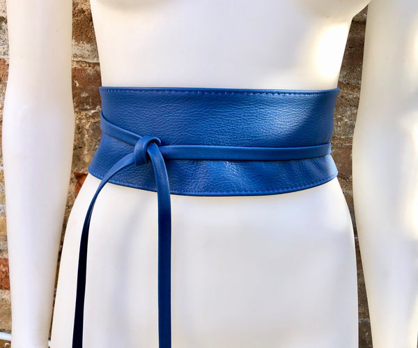 Obi belt in soft leather. LONGER option.Wrap belt in BLUE. Waist, dress or wraparound belt in dark cobalt genuine leather. Boho blue belt.