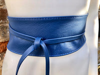 Obi belt in soft leather. LONGER option.Wrap belt in BLUE. Waist, dress or wraparound belt in dark cobalt genuine leather. Boho blue belt.