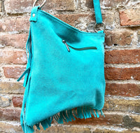 Cross body fringe bag. BOHO suede leather bag in turquoise with FRINGES. Larger model. genuine suede crossbody hippy bag. Blue fringed bag