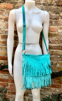 Cross body fringe bag. BOHO suede leather bag in turquoise with FRINGES. Larger model. genuine suede crossbody hippy bag. Blue fringed bag