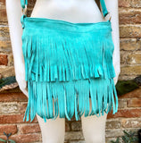 Cross body fringe bag. BOHO suede leather bag in turquoise with FRINGES. Larger model. genuine suede crossbody hippy bag. Blue fringed bag