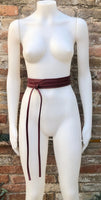 Burgundy obi belt in soft leather. Narrow style. Wine RED Wrap belt. Wraparound waist belt in genuine leather. Dark RED boho wide dress belt