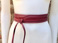 Burgundy obi belt in soft leather. Narrow style. Wine RED Wrap belt. Wraparound waist belt in genuine leather. Dark RED boho wide dress belt