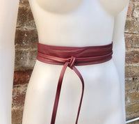 Burgundy obi belt in soft leather. Narrow style. Wine RED Wrap belt. Wraparound waist belt in genuine leather. Dark RED boho wide dress belt