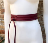 Burgundy obi belt in soft leather. Narrow style. Wine RED Wrap belt. Wraparound waist belt in genuine leather. Dark RED boho wide dress belt