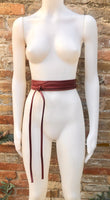 Burgundy obi belt in soft leather. Narrow style. Wine RED Wrap belt. Wraparound waist belt in genuine leather. Dark RED boho wide dress belt