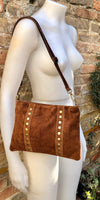 Crossbody bag. Camel BROWN boho suede leather purse with bronze color tacks Genuine suede leather messenger bag. Saddle brown crossbody bag